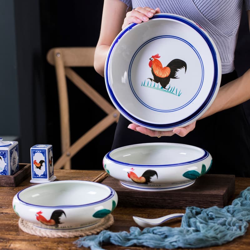 Galo de cerâmica Retro tigela antiga tigela de macarrão alto tigela de salada tigela grande repolho em conserva tigela d