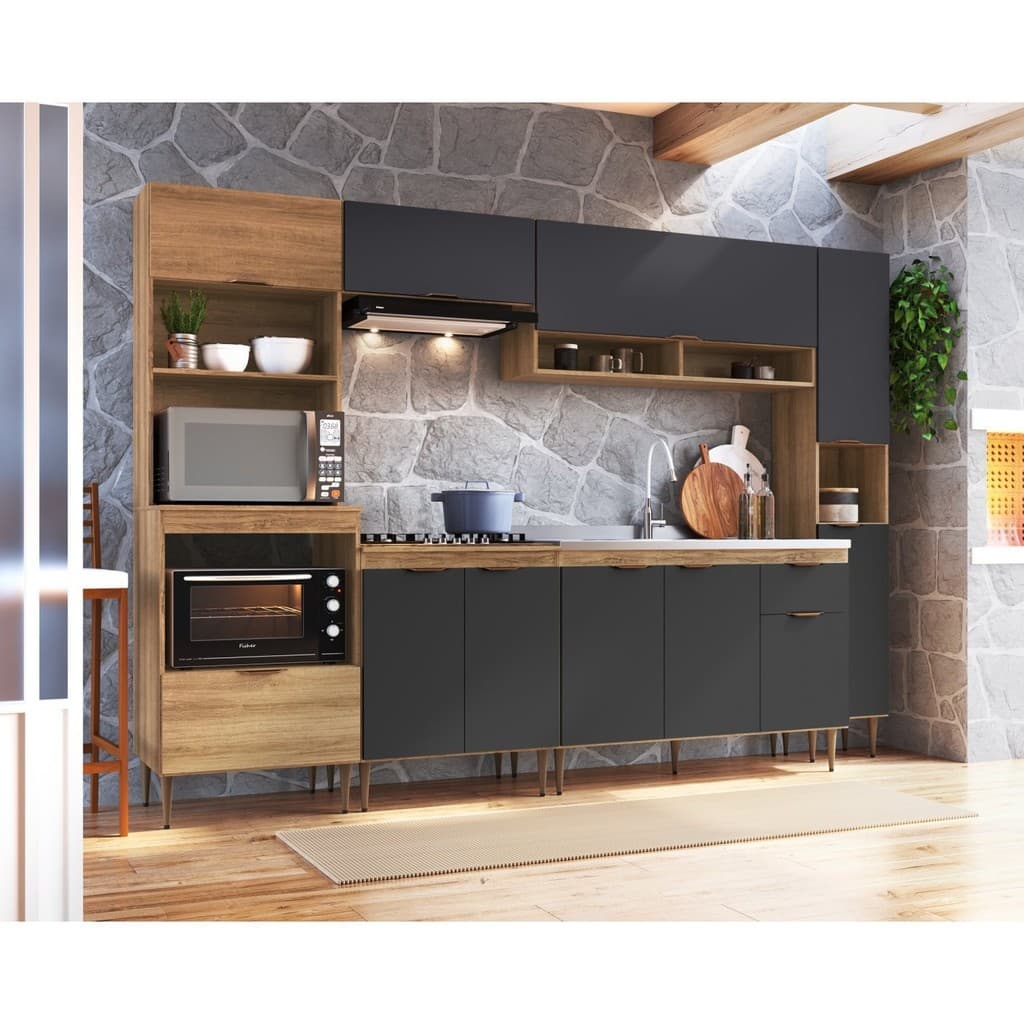 Cozinha Completa Modulada 6 Peças com Torre Quente para 2 Fornos e Espaço para Cooktop Veneza Modulada Mel/Grafite
