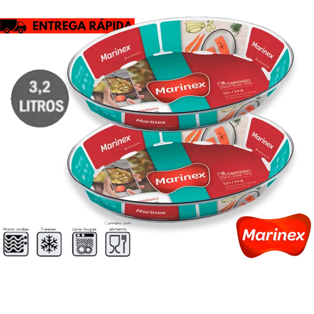 Kit Jogo de 02 Assadeiras Marinex de Vidro temperado Super resistente e proprias para forno assadeiras ovais