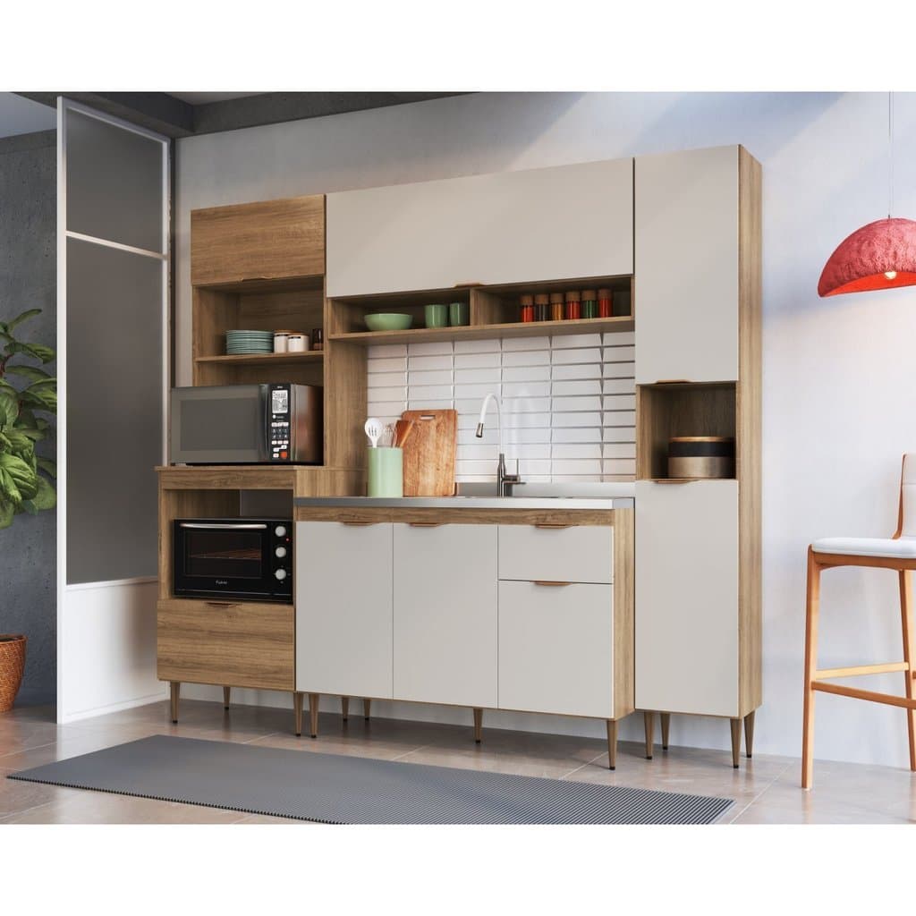 Cozinha Completa Modulada 4 Peças com Torre Quente para 2 Fornos e Paneleiro Veneza Modulada Mel/Arenas