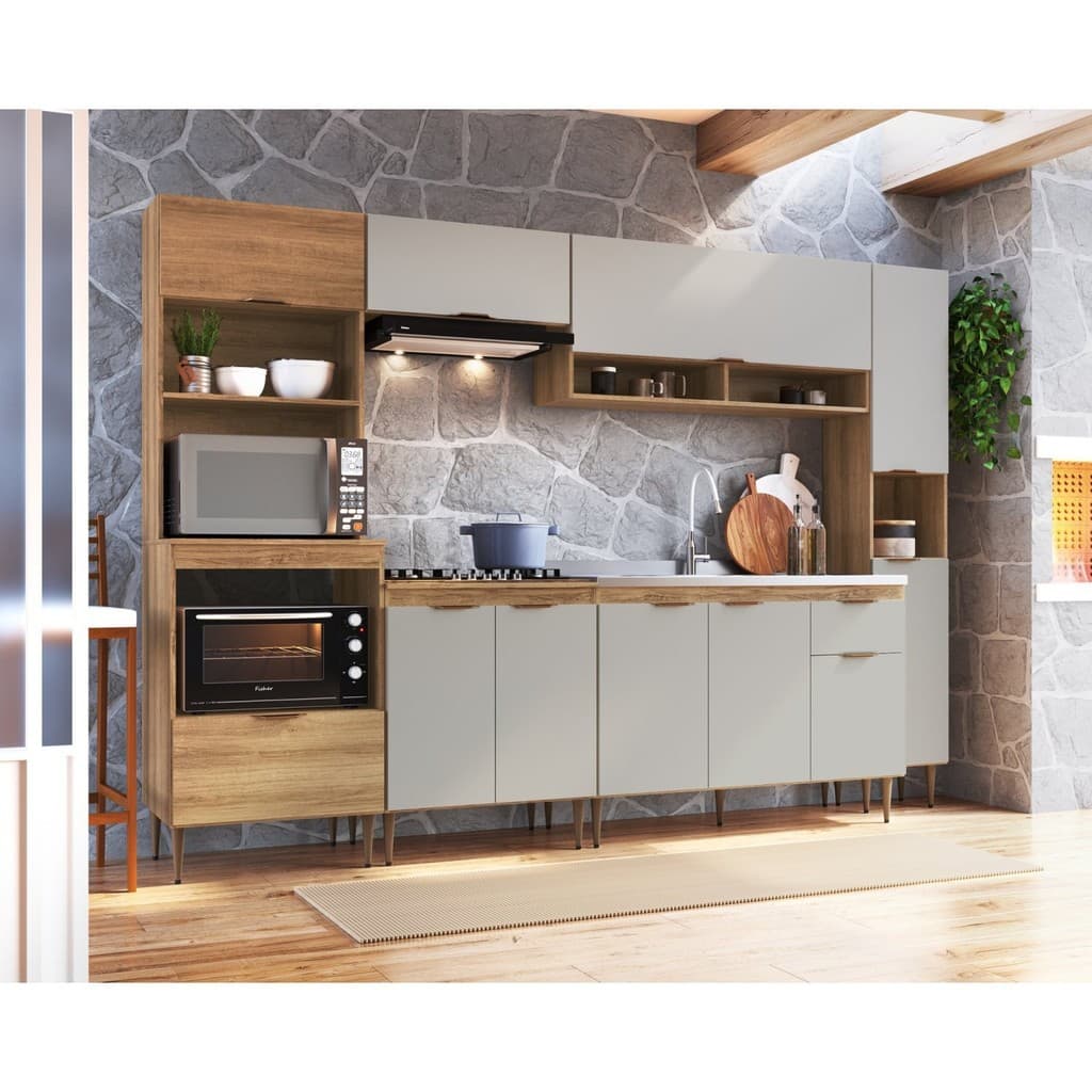 Cozinha Completa Modulada 6 Peças com Torre Quente para 2 Fornos e Espaço para Cooktop Veneza Modulada Mel/Arenas