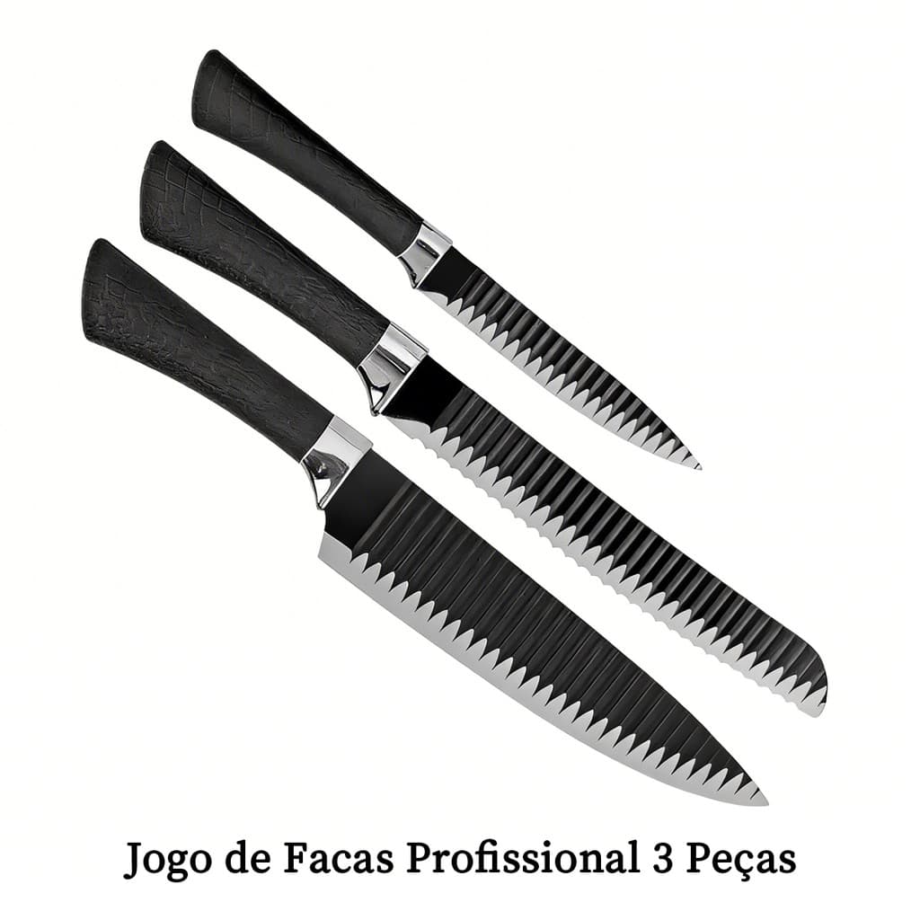 Faca de aço inoxidável preta, conjunto de 3 peças, faca de chef, faca de pão, faca doméstica
