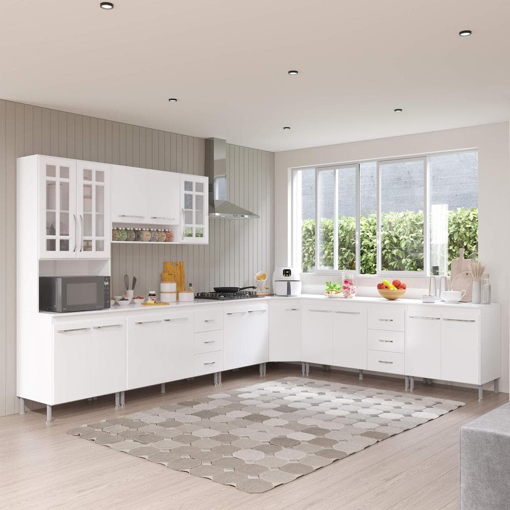 Cozinha Modulada Completa Fidelitá Viena 7 Peças 600cm 16 Portas 6 Gavetas Com Tampo Branco