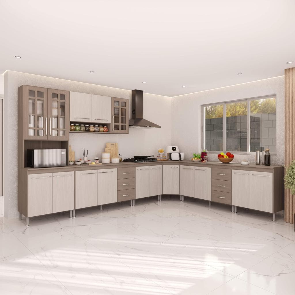 Armário de Cozinha Modulada Completa Fidelitá Paris 7 Peças 600cm 16 Portas 6 Gavetas Com Tampo Nogal/Salinas