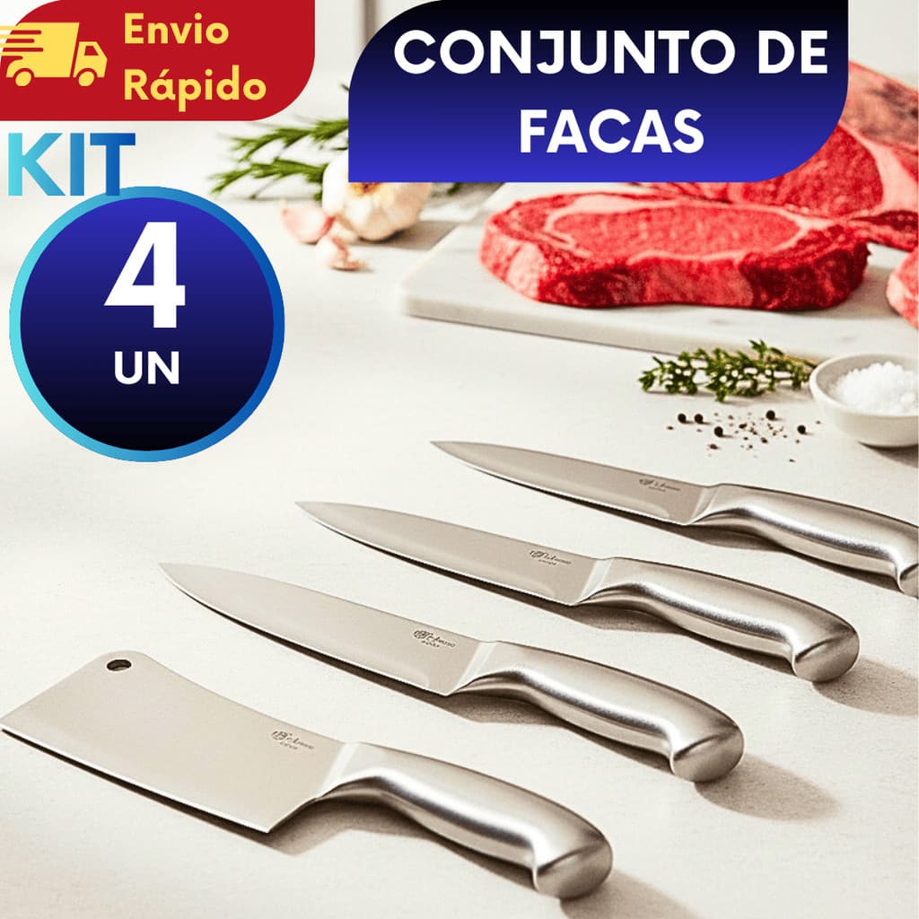 KITS (4/1) Conjunto De Facas Com Faca Cutelo 6", Faca Peixeira 6", Faca Peixeira 7" E Faca Para Desossar Em Aço Inox