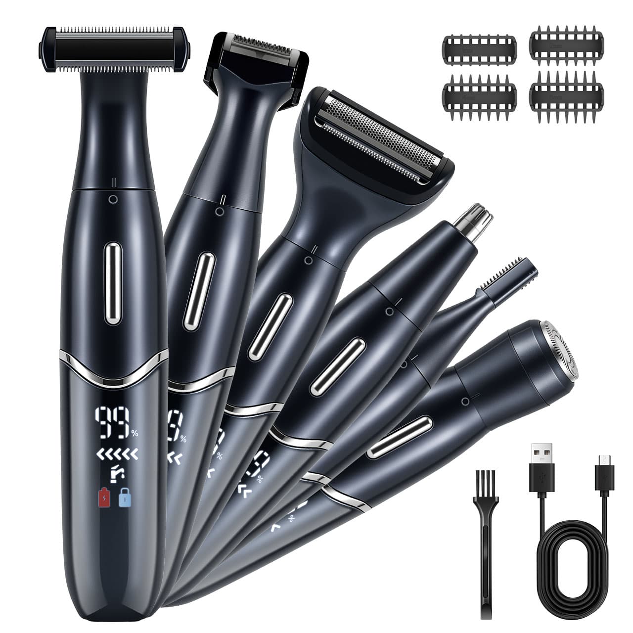  Aparador de Barba 6 em 1, Aparador de Pelos Recarregável para Homens, Aparador de Pelos Corporais, Aparador de Cabelo
