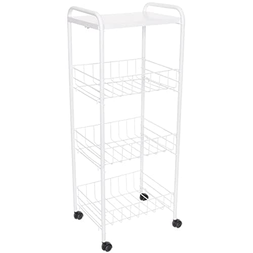 Fruteira de Chão 3 Cestos com Tampo de Madeira e Rodas, Cor Branco, Metaltru