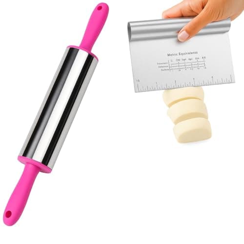 kit Rolo de Massa em Inox 35 cm com Espatula de Corte Raspadora de Inox com Régua de Medição 12 x15 cm Utensílio de Cozinha para Massas Premium (Rosa)