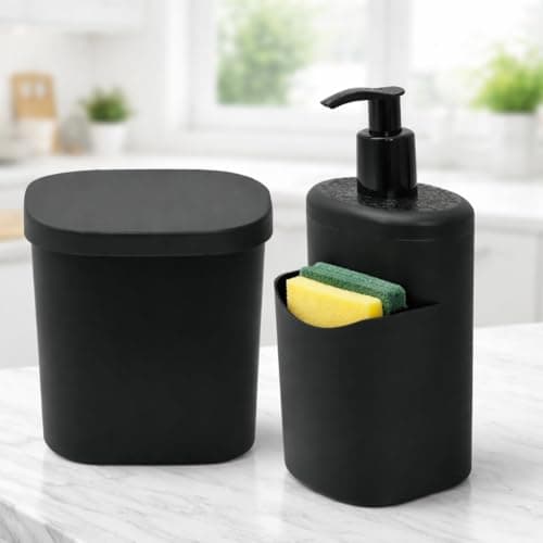 Kit Lixeira 3,5L Preta com Tampa Anti-Odor + Dispenser 500ml para Detergente | Organizador de Pia Moderno, Compacto, Fácil Limpeza, Superfície Antibacteriana para Cozinha e Banheiro