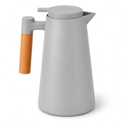 Garrafa Térmica Nórdica 1L com Cabo em Madeira Premium Conserva Quente e Gelado Design Escandinavo Premium para Café e Chá Tampa Rosqueável com Sistema de Pressão Mesa Posta Cinza
