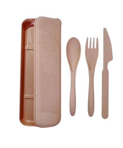 Conjunto De Talheres Fibra de Trigo Estojo Colher Garfo Faca Reutilizável - MELLUZ (Nude-Rosê)