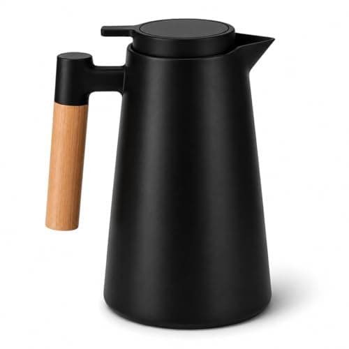 Garrafa Térmica Nórdica 1L com Cabo em Madeira Premium Conserva Quente e Gelado Design Escandinavo Premium Preta para Café e Chá Tampa Rosqueável com Sistema de Pressão Mesa Posta Preto