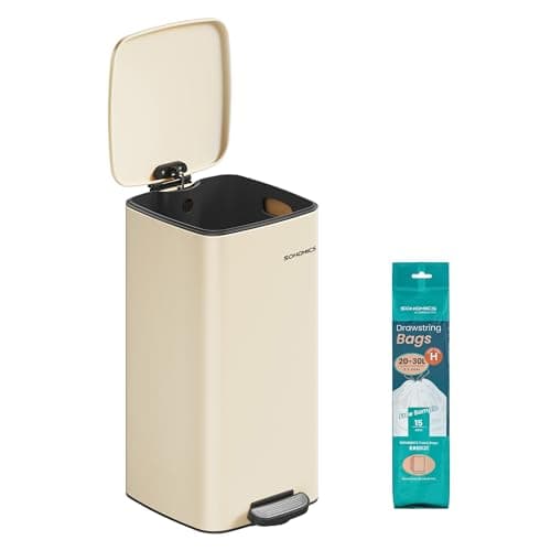 SONGMICS Lixeira de Cozinha, 30 L, Lixeira com Pedal em Aço Inoxidável, Balde Interno, Fechamento Suave e Tampa que Permanece Aberta, Bege Areia BRLTB593A02