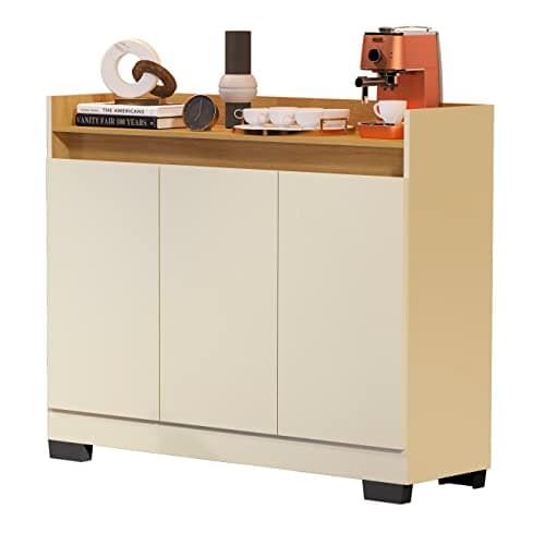 Aparador De Sala Moderno Em Madeira Cantinho Café Com 3 Portas - Quality Móveis (OffWhite/Nature)