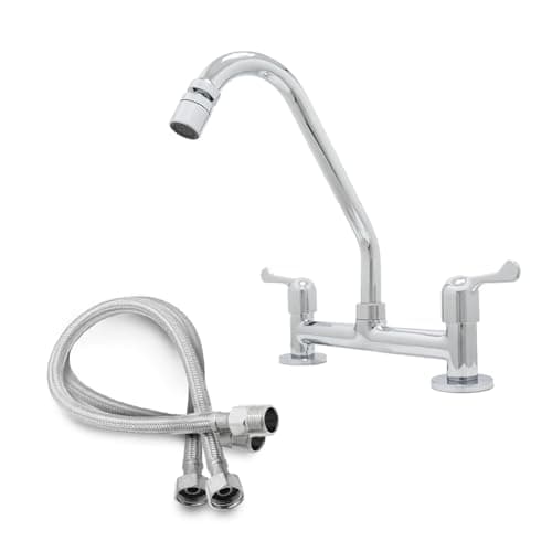 Torneira Misturador Cozinha Bancada Bica Móvel Cromada Metal 1/4 de Volta Água Quente e Fria + 2 Engates Flexíveis 60cm
