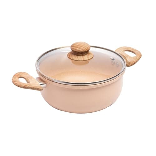 LYOR - Caçarola de Indução com Tampa de Vidro - 22cm em Alumínio com Revestimento Cerâmico - Cor Bege