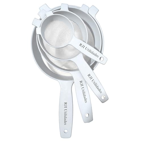 Kit Peneiras Cozinhas Coador, 4 tamanhos, Pequeno Médio Grande Extra Grande Trama Malha Resistente Reforçada - RJI Utilidades (Branco)