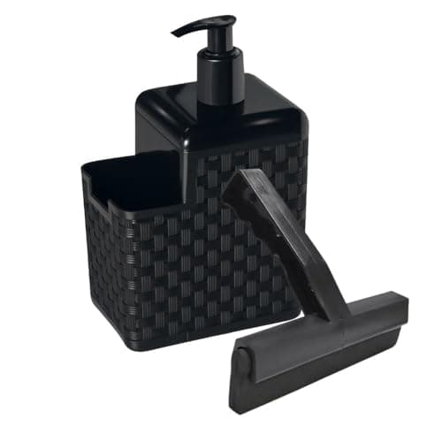 Dispenser de Sabão e Detergente 2 em 1, Suporte para Esponja e Rodo, Preto