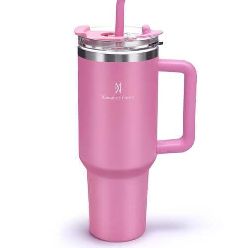 Romantic Crown Copo Térmico com Canudo Tampa e Alça 1,18L, Cops Garrafas Termico para viagem vácuo dupla camada aço inoxidável, Caneca Termica Cafe Água Chá,Presente, Fitness (Rosa escuro)