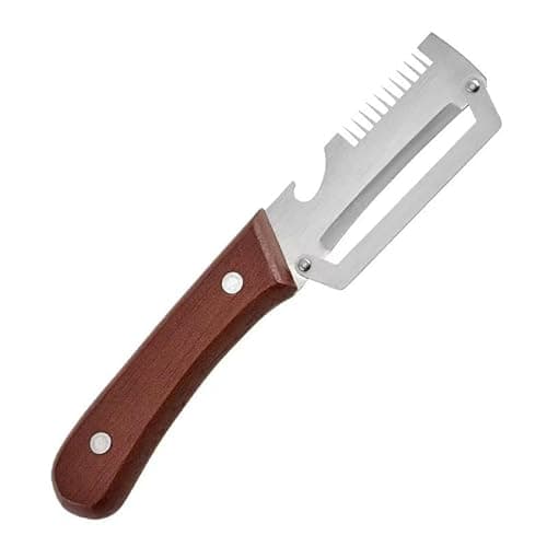 Ferramenta de Cozinha Multifuncional 3-em-1 Descascador Aço Inoxidável Cortador Cebolinha e Abridor Garrafas com Cabo Madeira Maciça Ideal para Ralar Descascar Preparo Refeições (1)