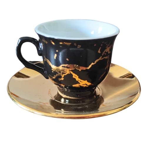 Conjunto Xícara de Café Ouro 12 Peças Porcelana Chinesa 80ML Cafezinho Expresso Para Presente (PRETO PREMIUM)