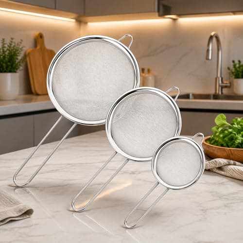 Kit Conjunto 3 Peneiras em Aço Inox, Coador, Resistente a Temperaturas e de Fácil Manuseio, Apoio para Panelas e Travessas, Ideal para Filtrar e Polvilhar.