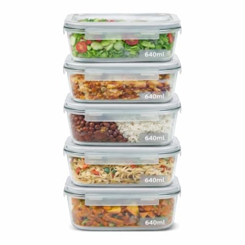 Kit 5 Potes de Vidro Herméticos 640ml com 4 Travas Ideal para Marmitas e Conservação de Alimentos, Vedação Total, Refratário para Forno e Freezer (5)