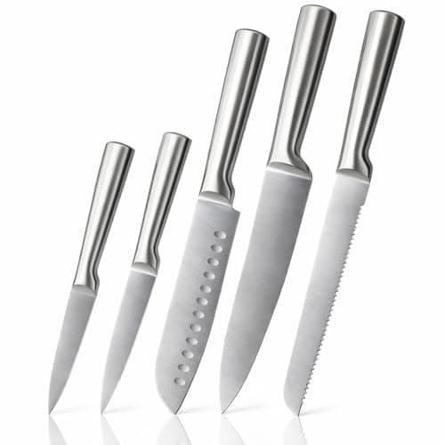 Jogo de Facas em Aço Inox 4Cr13 — Conjunto de Facas 5 Peças Profissionais | Lâmina Monobloco Ultra Afiada, Cabo Ergonômico, Resistente à Ferrugem | Design Brilhante Bancada | Kit Chef, Pão e Churrasco