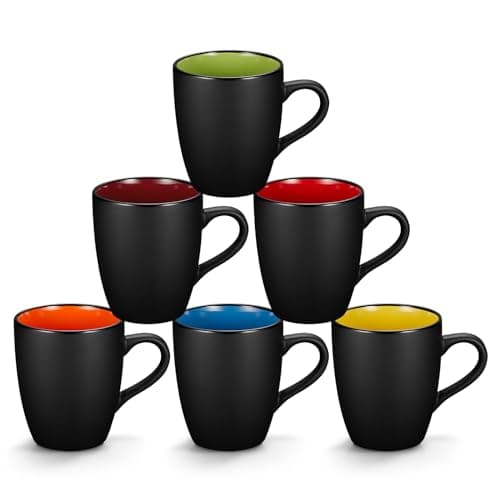 Qipecedm Conjunto de 6 canecas de café de porcelana, canecas de café de cerâmica de 340 g, caneca de café preta fosca, xícaras de restaurante para café, chá, cappuccino, cacau, cereal, preto por fora