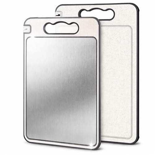Tábua de Corte Inox Dupla Face com Afiador Integrado, Aço Inoxidável e PP, Antiodor e Higiênica para Carnes, Legumes e Frutas, Base Antiderrapante, Canaletas e Alça Ergonômica Linha Premium