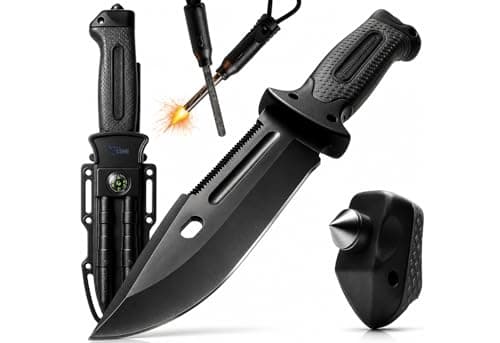 Faca Tática de Sobrevivência Profissional Completa com Bainha, Pederneira, Bússola e Apito – Faca para Camping, Trilha, Pesca, Caça e Uso Militar Alta Resistência