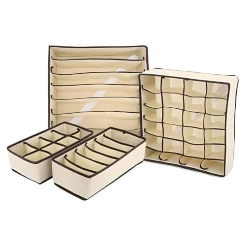 Kit 4 Organizadores de Gaveta e Guarda-Roupa em TNT com 24, 8, 7 e 6 divisões, Caixas Dobráveis com Divisórias para Roupas Íntimas, Meias e Sutiãs (Bege)