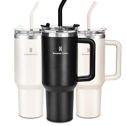Romantic Crown Copo Térmico com Canudo Tampa e Alça 1,18L, Cops Garrafas Termico para viagem vácuo dupla camada aço inoxidável, Caneca Termica Cafe Água Chá,Presente, Fitness (Preto)