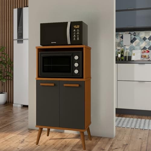 Armario Multiuso Lisboa Microondas Forno com Portas e Divisorias de Garrafas (Cedro/Onix)