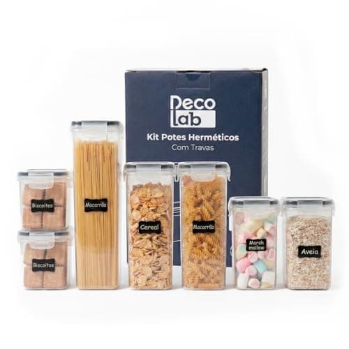Decolab Kit Potes Herméticos com Vedação de Silicone Plástico BPA Free - Organizador de Geladeira, Porta Cereais, Temperos e Mantimentos (7, Transparente, Retangular) 2x0,8L / 2x1,4L / 2x2,0 / 1x2,8L