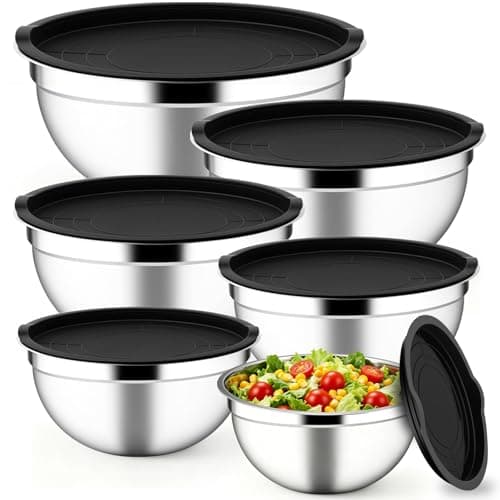 Conjunto de 5 Bowls Tigelas de Inox com Tampa Plástica Hermética – Saladeira, Bacia Inox para Preparar Alimentos, Marinar Carnes, Armazenar e Conservar, Empilhável, Fácil de Limpar, Grau Alimentício