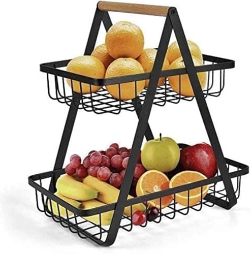 Fruteira Cesto de Mesa 2 Andares em Metal Preta com Alça de Madeira – Cesta Organizadora de Frutas Decorativa para Cozinha e Sala