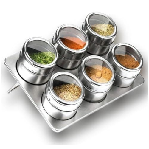 Conjunto Porta Temperos Magnético, 6 Potes em Aço Inox Escovado com Visor Acrílico, Base Metálica, Organizador para Cozinha, 23x16x10cm