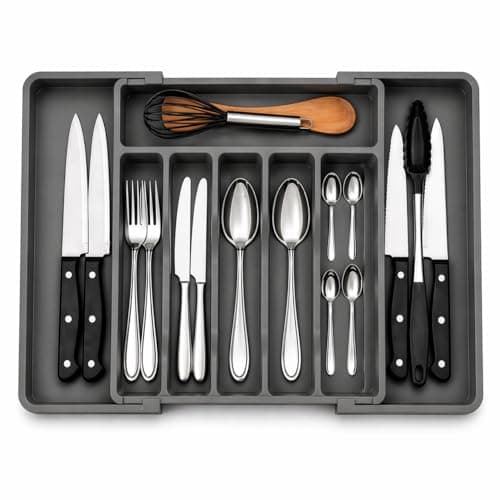 Organizador Porta Talheres Ajustável Bandeja Expansível para Gaveta de Cozinha, Porta Utensílios Retrátil e com 8 Divisórias Multiuso Material Resistente