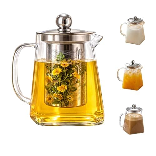 Chaleira de Vidro Borossilicato com Infusor Removível e Tampa em Aço Inox – Bule de Chá 2 em 1, Jarra de Vidro com tampa, para Chá e Infusões, Bebidas Quentes e Frias – Presente Sofisticado