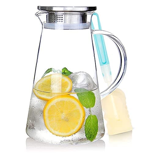 SUSTEAS Jarra de vidro de 2 litros de 1,927 g com tampa, garrafa de água de vidro resistente ao calor fácil de limpar com alça para bebidas quentes/frias - água, bebida fria, chá gelado e suco, com 1
