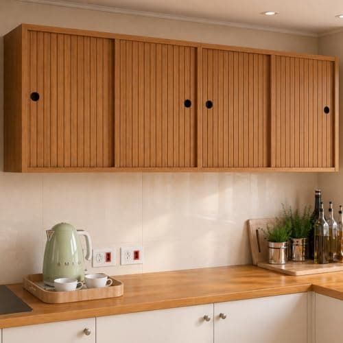 Balcão Cozinha Aereo com 4 Portas de Correr Armario Multiuso Suspenso com Amplo Espaço Interno (Freijo Ripado 3D)