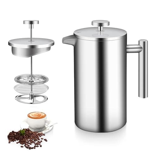Cafeteira De Prensa Francesa De Aço Inoxidável 304, Cafeteira De Prensa Francesa De 1000ML Com Filtro De 3 Camadas, Prata