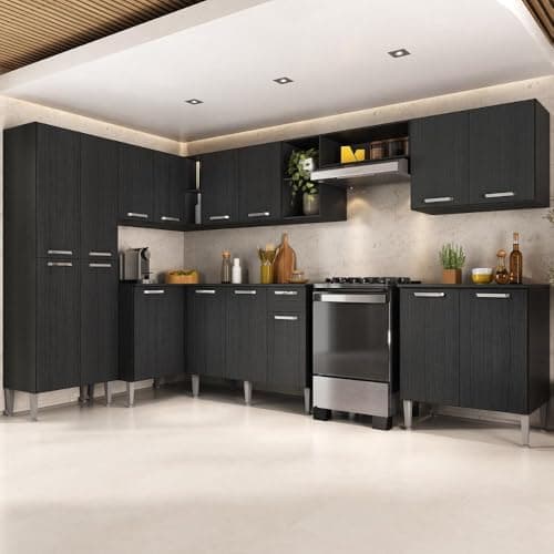 Armário Cozinha Modulada Completa de Canto 432,5cm Pequim Pop Multimóveis Mp3774 Preto