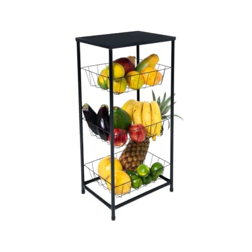 Fruteira De Aço Com Pés Emborrachados Com 3 Divisórias (Preto)
