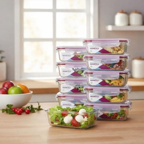 Kit 10 Potes de Vidro 640ML Borossilicato Retangular com Tampa Hermética 4 Travas Marmita Premium Empilhável Freezer Micro-ondas Sem Tampa Organização Geladeira Cozinha Resistente Premium Luxo