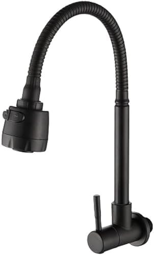 Torneira de Cozinha Gourmet para Parede, Preta, Metal Fosco, Bica Flexível em Aço Inoxidável, Mecanismo 1/4 de Volta, Dois Tipos de Jatos, 42x8cm