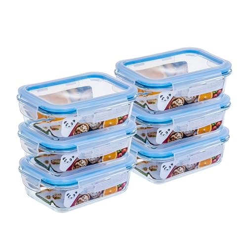 Gato Panda Kit 6 Potes de Vidro Hermético 640ml Borossilicato com Tampa 4 Travas – Recipiente Retangular para Marmita, Micro-ondas, Forno e Freezer – Armazenamento de Alimentos – Sem BPA