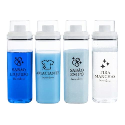 Kit 4 Dispensers de Lavanderia 2,3L com Etiquetas para Amaciante, Sabão em Pó, Sabão Líquido, Tira Manchas (Kit Branco)