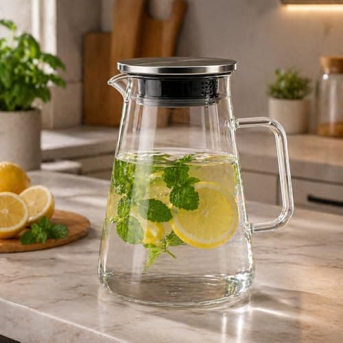 Jarra de Vidro Borossilicato Premium com Tampa em Aço Inox, 1,8L, Bico em V, para Bebidas Quentes e Frias